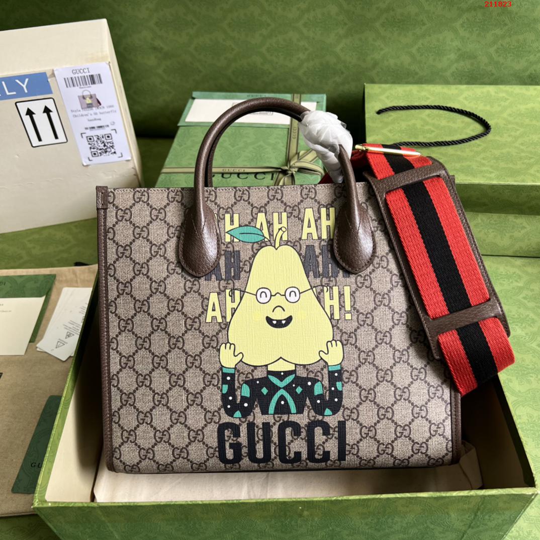 Gucci黄梨印花购物袋703256棕色 pvc黄梨印花