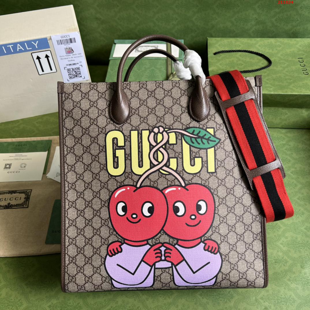 Gucci樱桃印花购物袋703264棕色 pvc樱桃印花