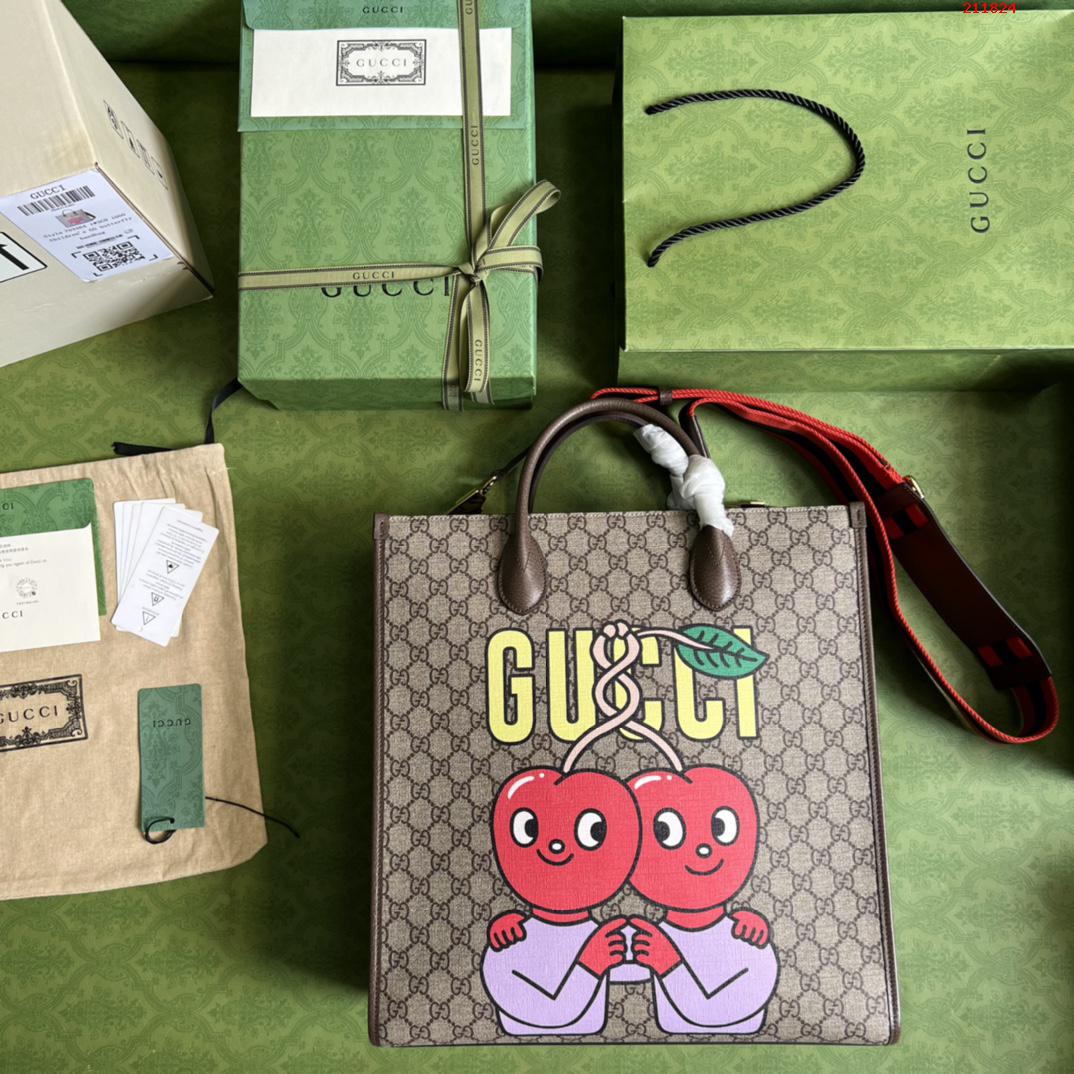 Gucci樱桃印花购物袋703264棕色 pvc樱桃印花